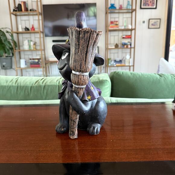 Cute Halloween Decor Smiling Black Cat in Wizard's Cape, Hat & Broom - Picture 4 of 6